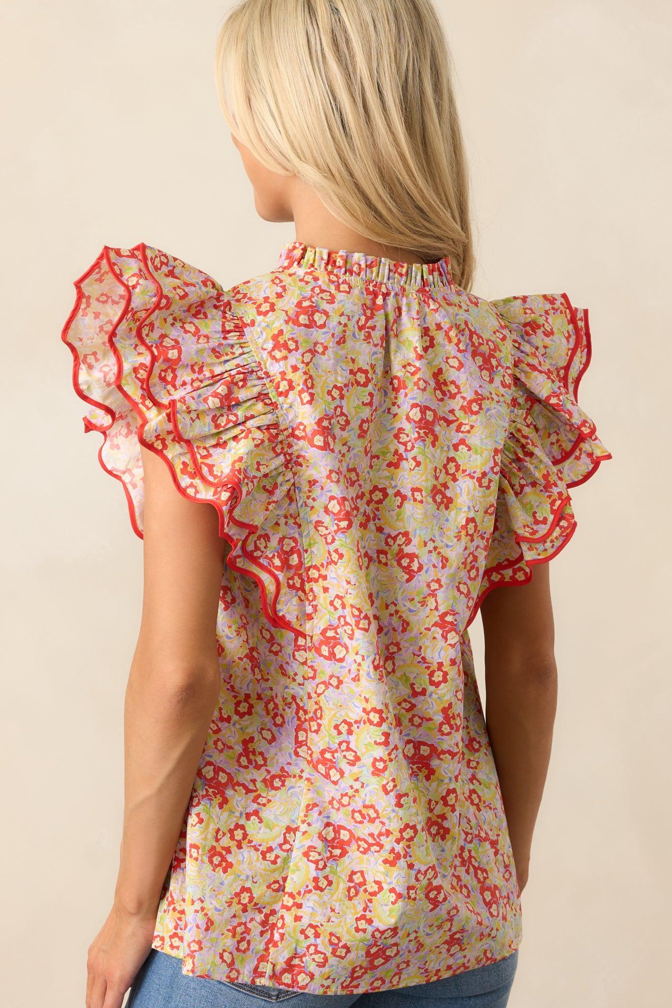 Light Finds A Way Red Floral Cotton Flutter Sleeve Top Product Image