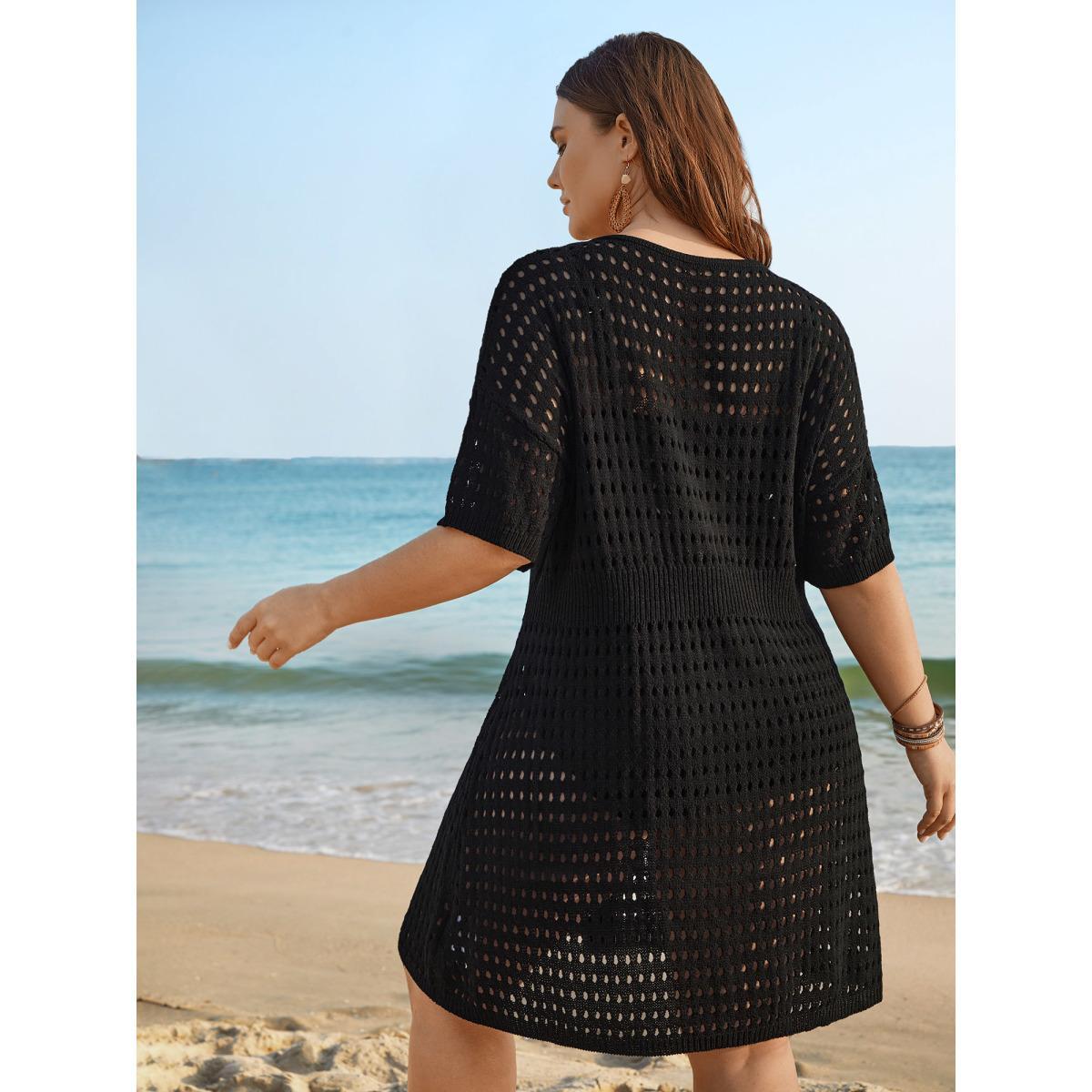 Plus Size Cut-Out Waist-Cinched Button Swim Cover-Up Women's Swimwear Black Resort Loose Cut-Out Curve Swim Cover Ups BloomChic 26/4X Product Image