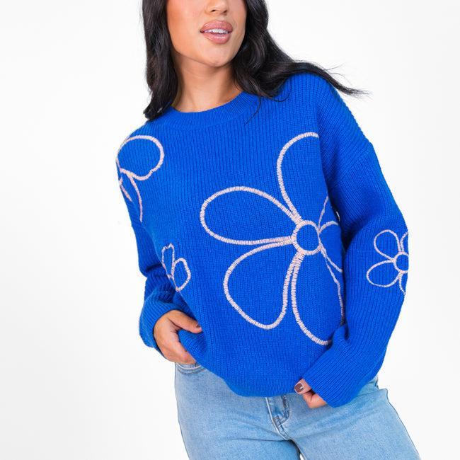 Hold My Hand Blue and Coral Floral Sweater Product Image