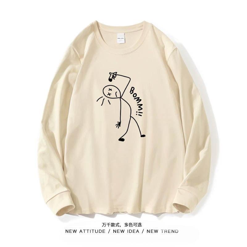 Long-Sleeve Crew Neck Cartoon Print T-Shirt Product Image