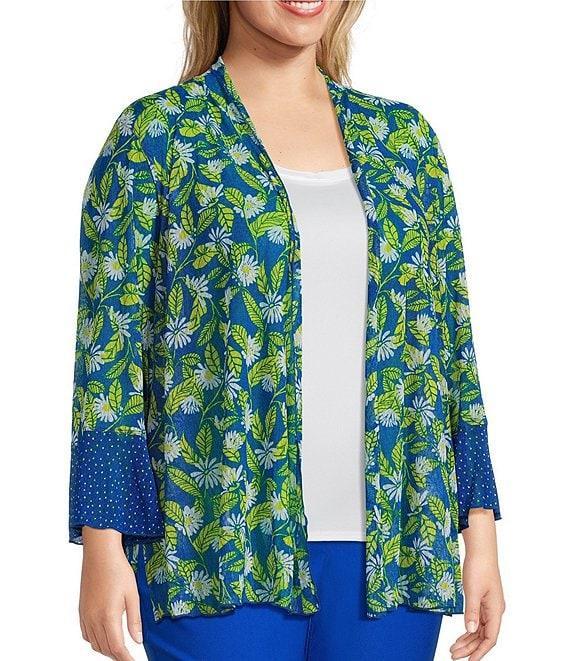 Multiples Plus Size Blue Print Onionskin Shawl Neck 3/4 Flounce Sleeve Open-Front Jacket Product Image