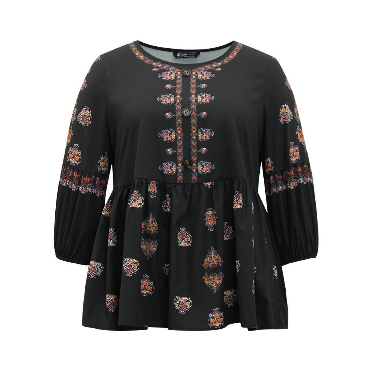 Plus Size Black Boho Print Lantern Sleeve Button Detail Blouse Women Vacation Elbow-length sleeve Round Neck Vacation Blouses BloomChic 14-16/1X Product Image