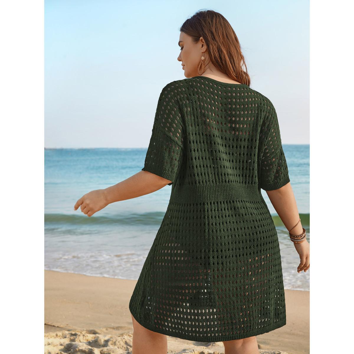 Plus Size Cut-Out Waist-Cinched Button Swim Cover-Up Women's Swimwear Black Resort Loose Cut-Out Curve Swim Cover Ups BloomChic 26/4X Product Image