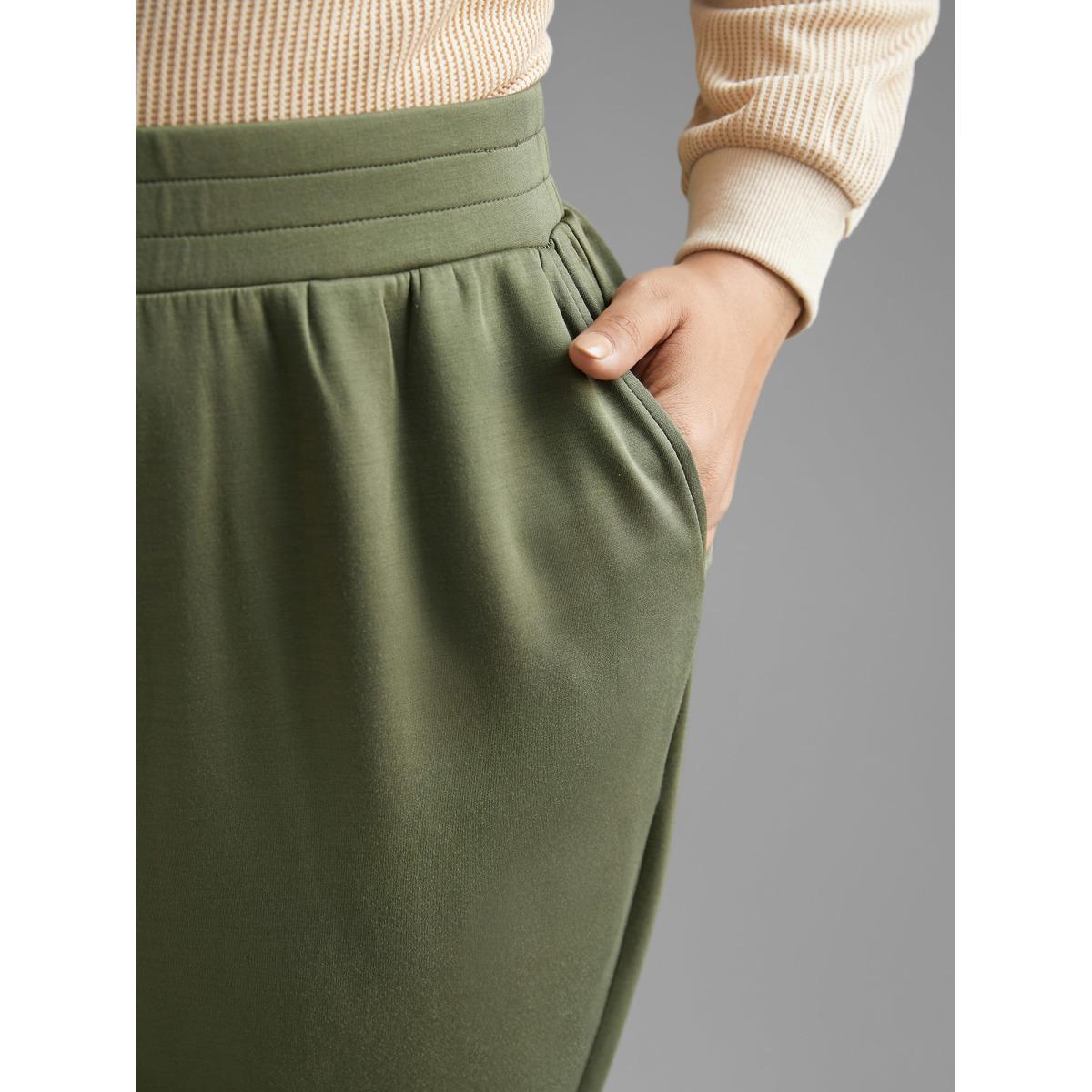 Plus Size Solid Elastic Waist Mid Rise Pants Women Sage Casual Mid Rise Everyday Pants BloomChic 14-16/1X Product Image