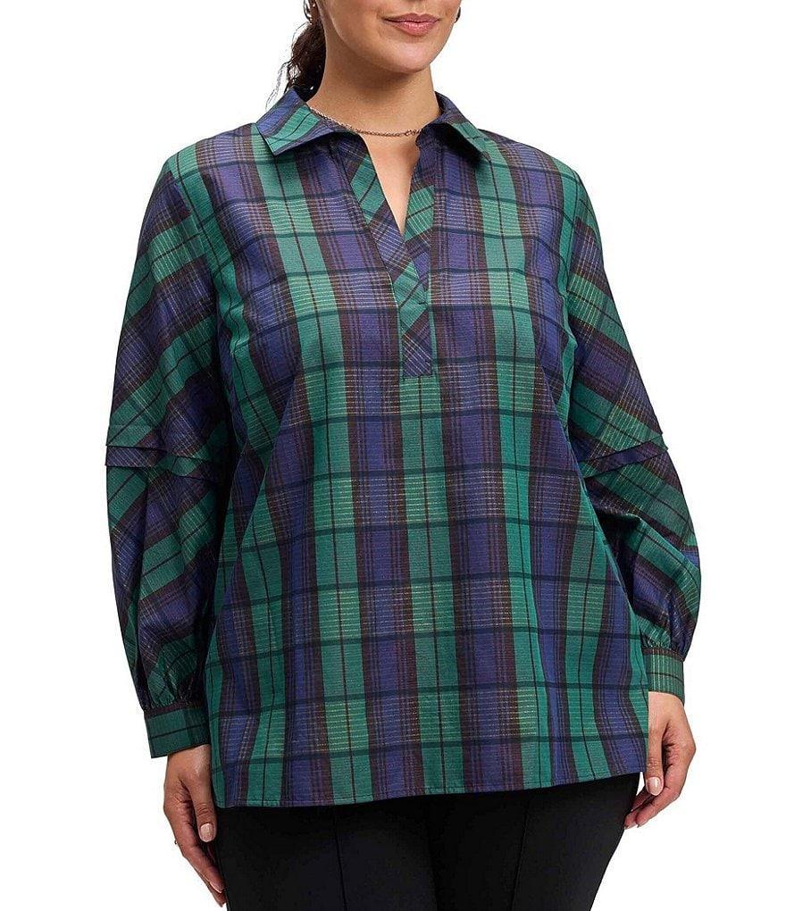 Foxcroft Plus Size Frankie Cotton Blend Plaid Collared Long Sleeve Shirt Product Image