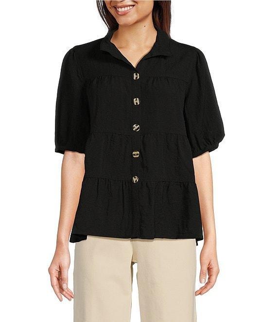 John Mark Wire Collar Short Sleeve Tiered Button-Front Top Product Image