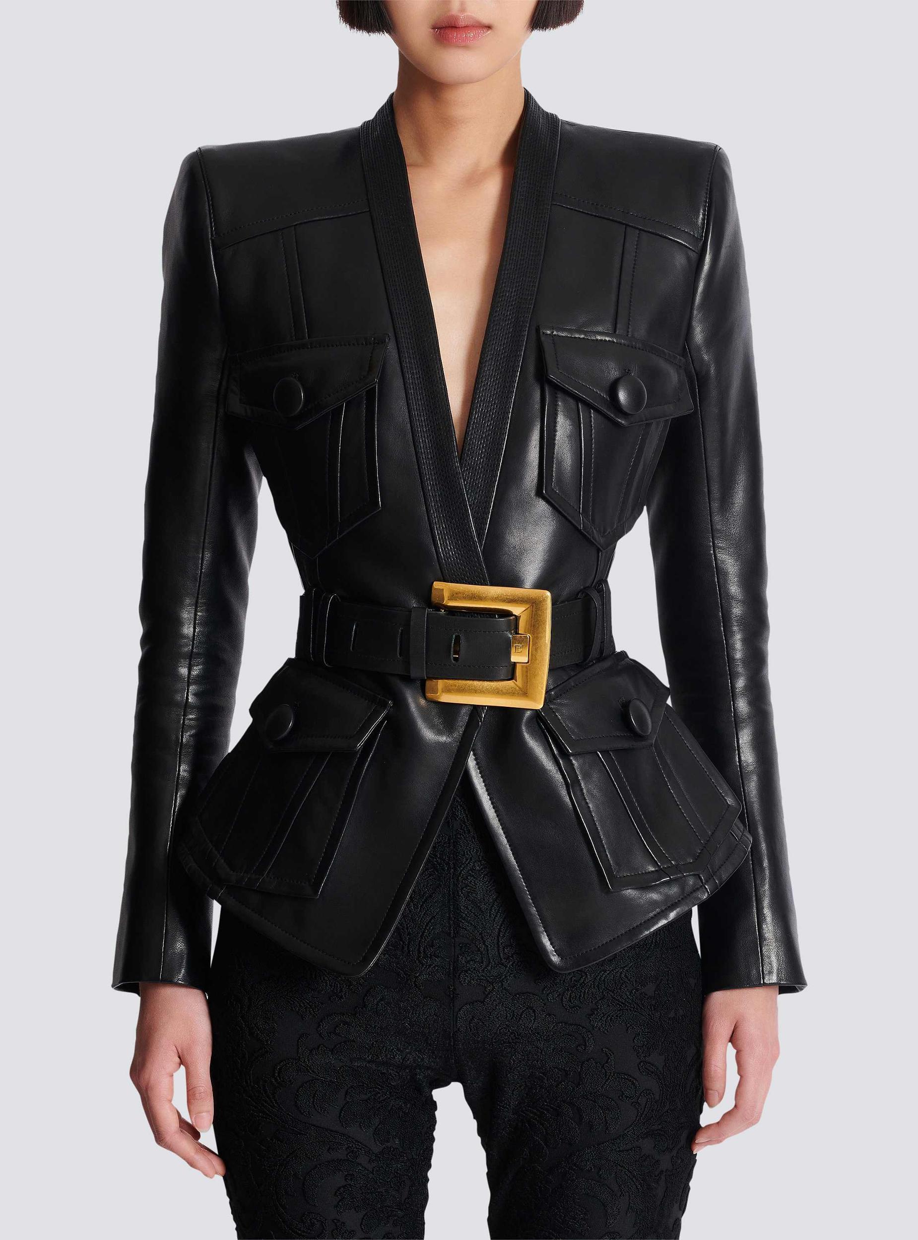 1-button belted leather jacket Product Image