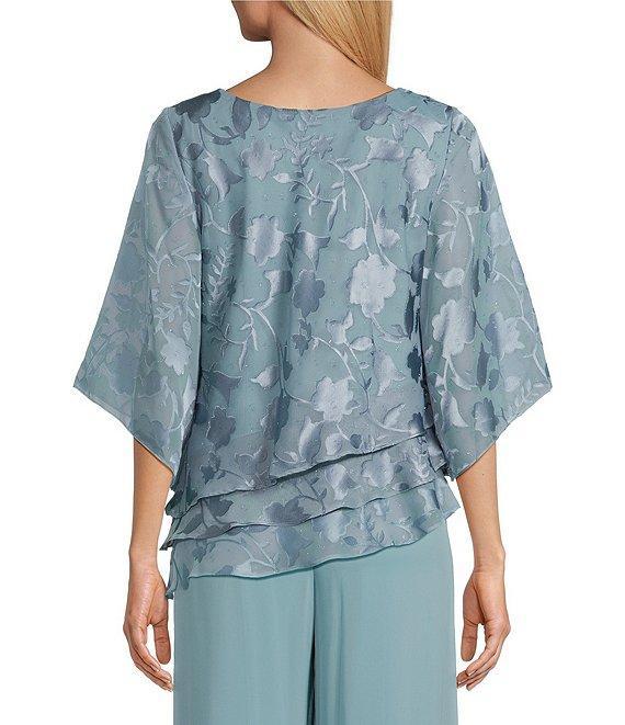 Alex Evenings 3/4 Illusion Sleeve Crew Neck Asymmetrical Triple Tier Hem Printed Chiffon Blouse Product Image
