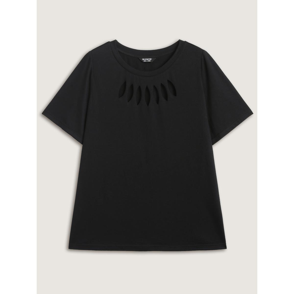 Plus Size Laser Cut-Out Neck Solid T-Shirt Black Women Cut-Out Round Neck Everyday-Casual T-shirts BloomChic 18-20/2X Product Image