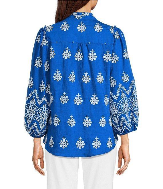 Calessa Split V-Neck Long Sleeve Embroidered Print Tunic Product Image