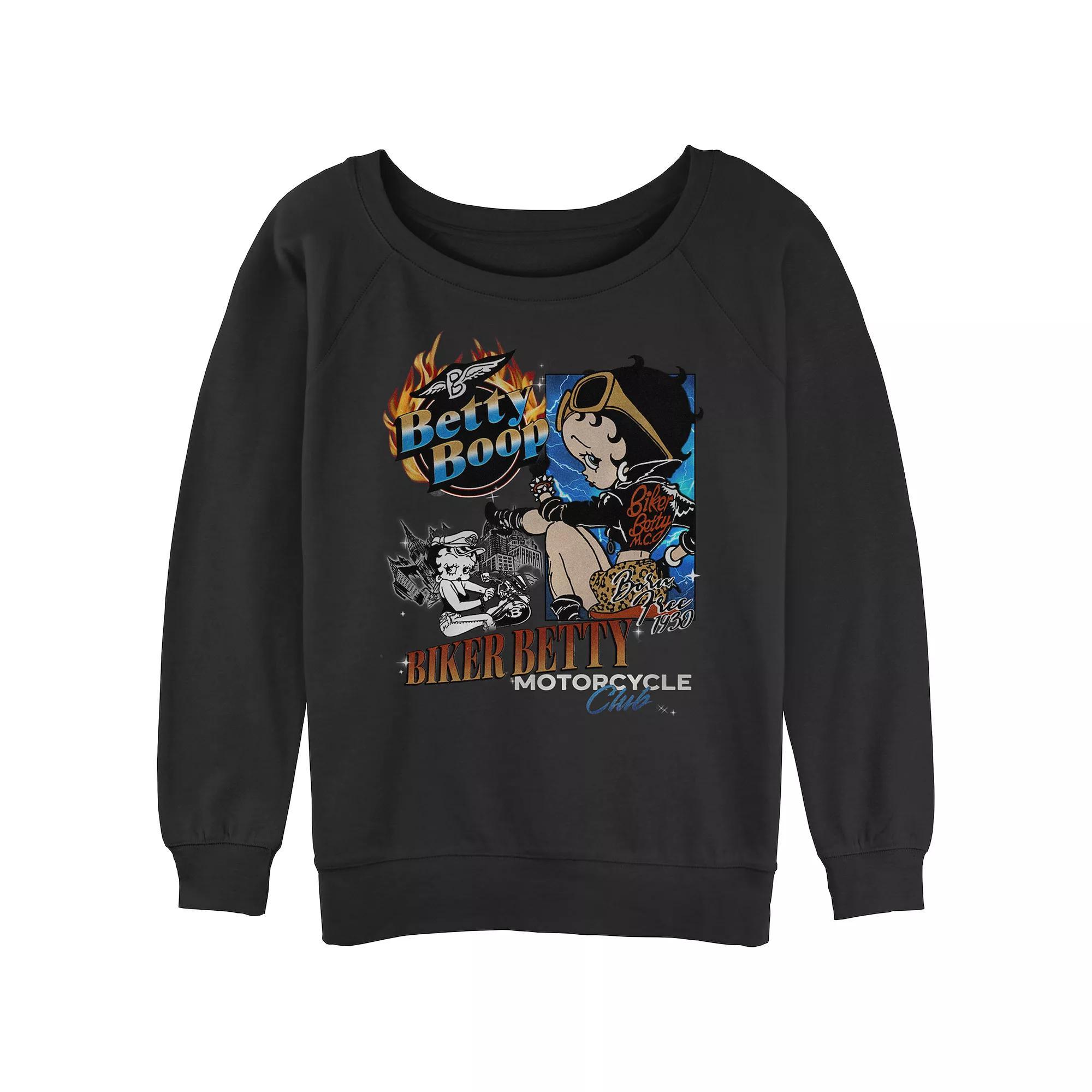 Women's Betty Boop Biker Betty Slouchy Terry Graphic Pullover, Size: Large, Black Product Image