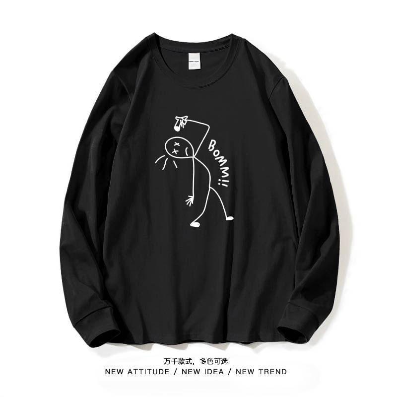 Long-Sleeve Crew Neck Cartoon Print T-Shirt Product Image