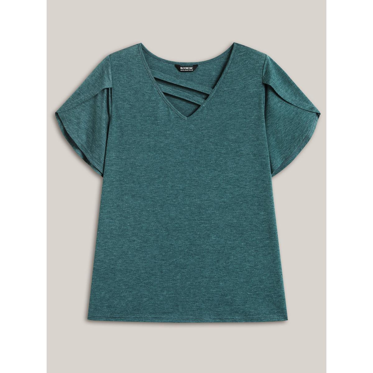 Plus Size Heather Stretchy Neck Cut-Out T-Shirt DarkGreen Women Leisure Petal edge V-neck Casual T-shirts BloomChic 18-20/2X Product Image