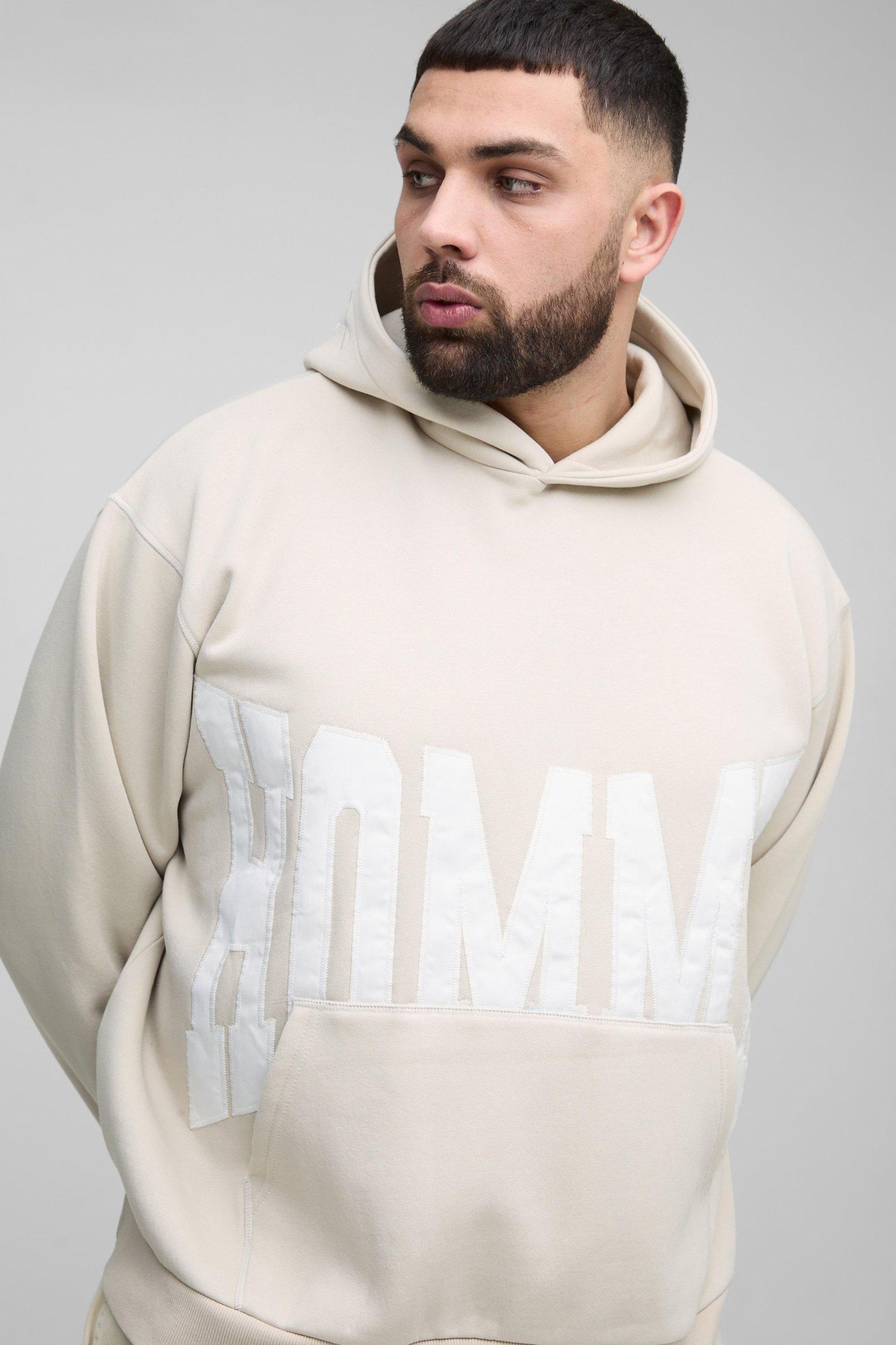 Plus Oversized Boxy Twill Applique Contrast Stitch Hoodie | boohooMAN USA Product Image