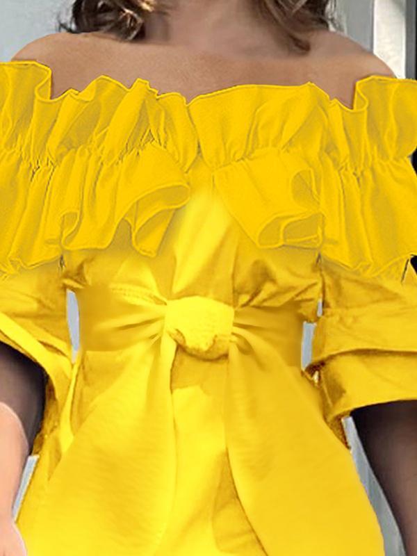 Loose Pleated Ruffled Solid Color Split-Joint Tiered Off-The-Shoulder Blouses&Shirts Tops Product Image