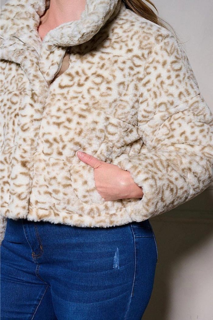 Zip Up Pockets Animal Print Sherpa Jacket Product Image