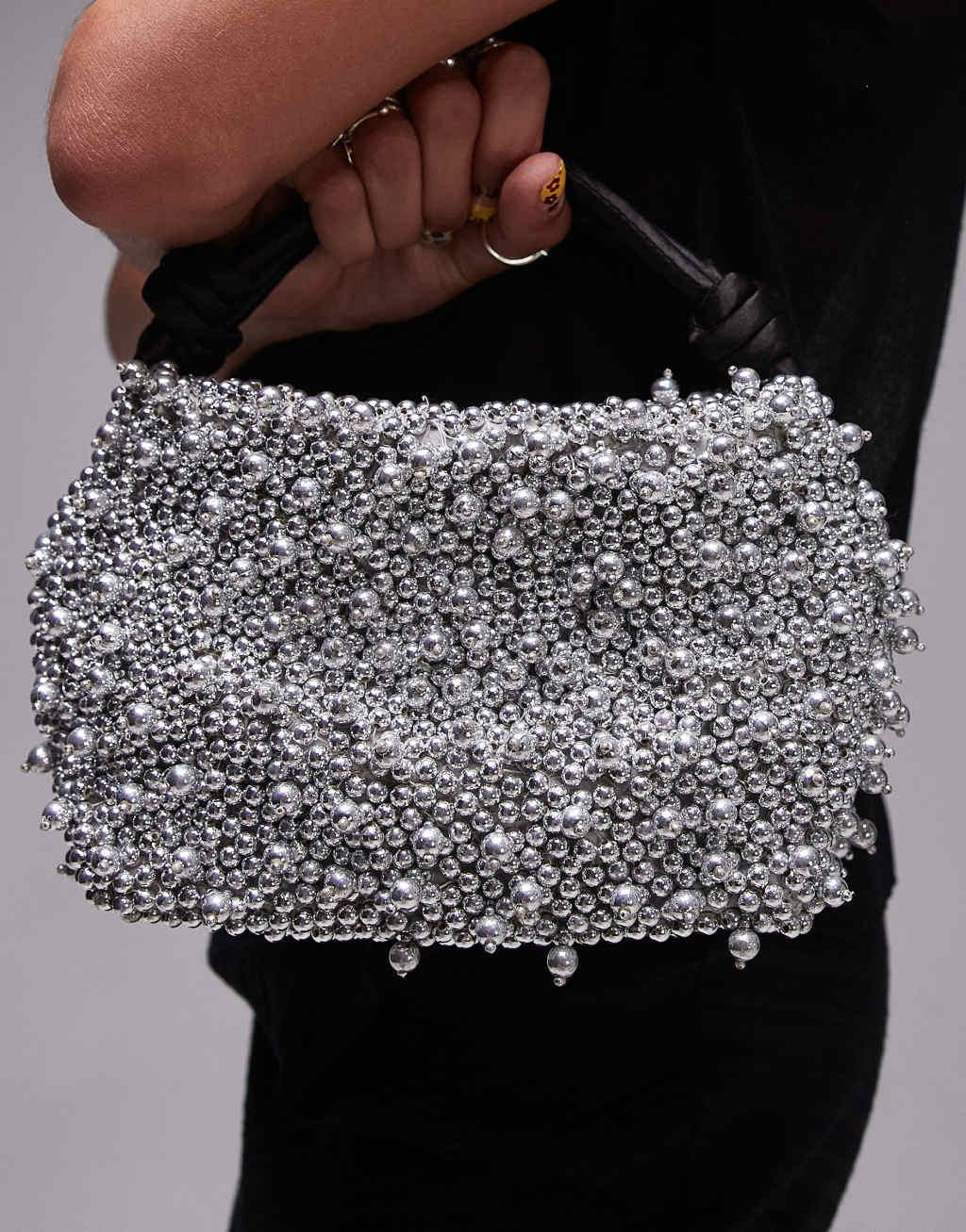 Topshop Gru embellished grab bag in silver beading Product Image