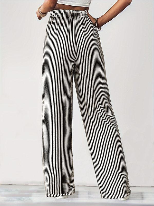 Loose Drawstring Elasticity Pockets Split-Joint Striped Pants Trousers Product Image