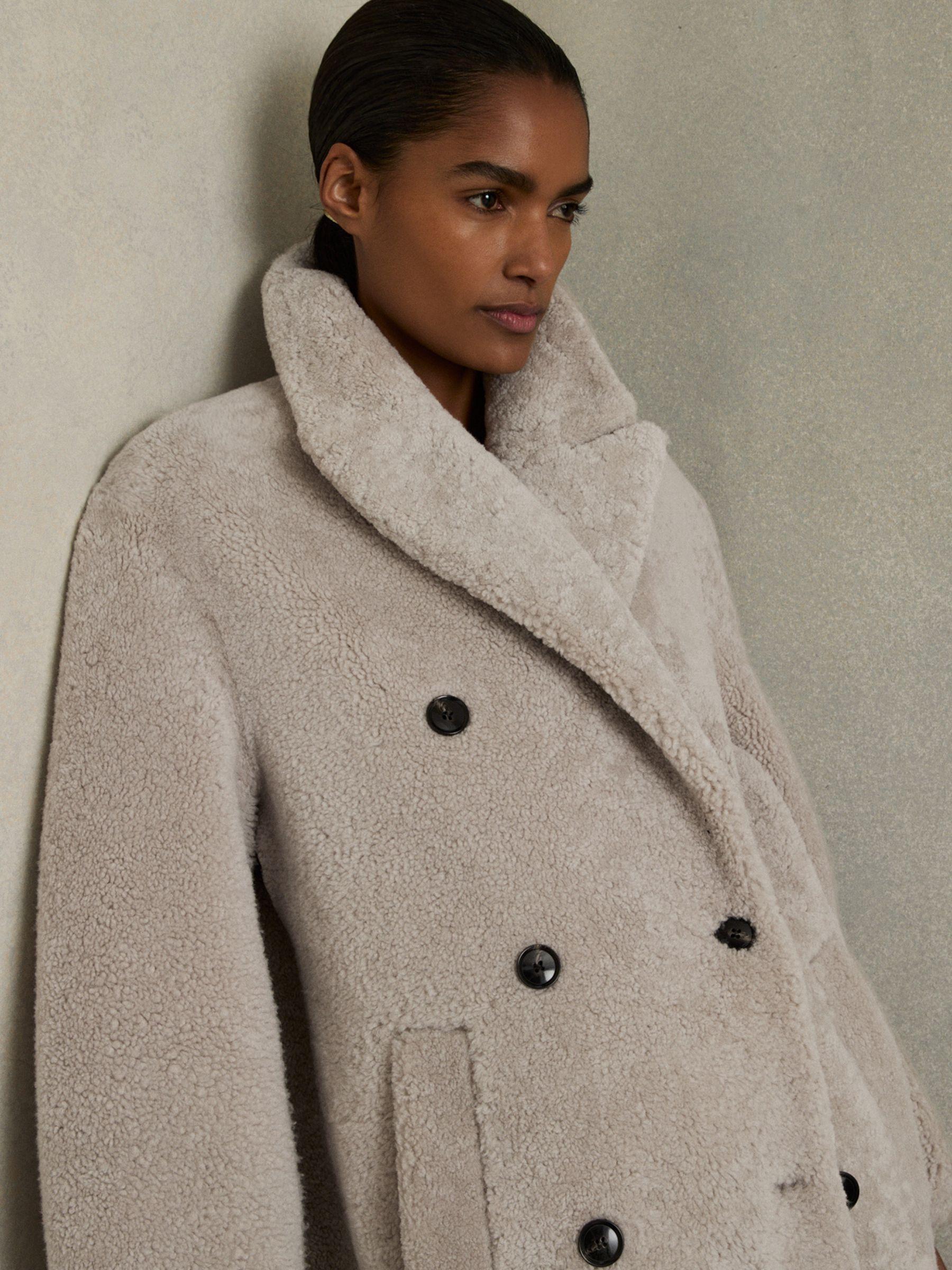 Double Breasted Long Shearling Coat in Neutral Product Image