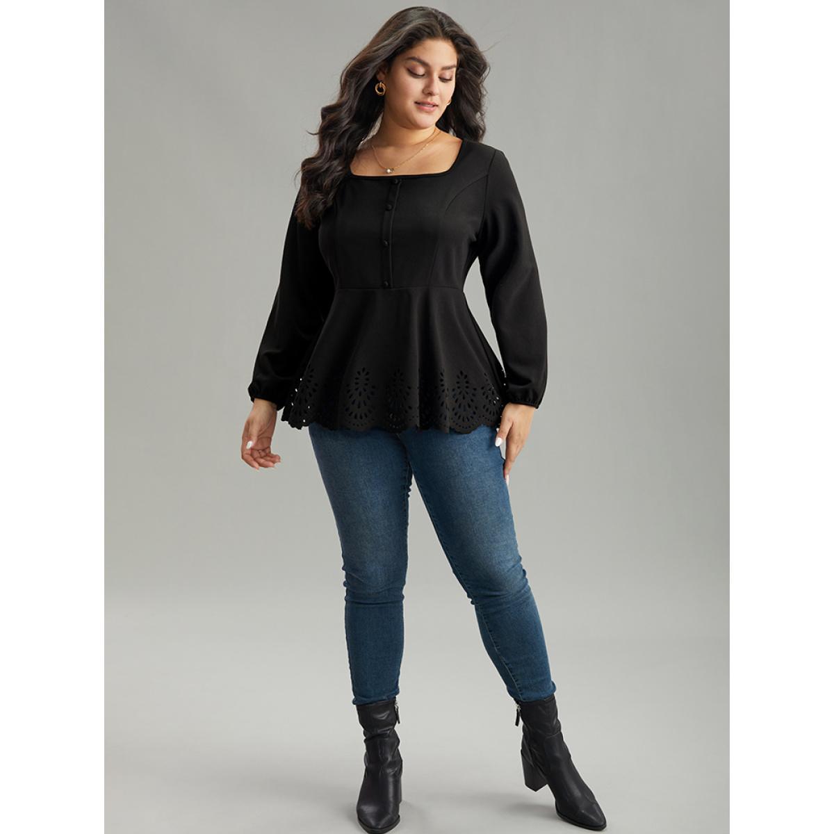 Plus Size Black Plain Laser Cut Button Detail Blouse Women Elegant Long Sleeve Square Neck Dailywear Blouses BloomChic 30/6X Product Image