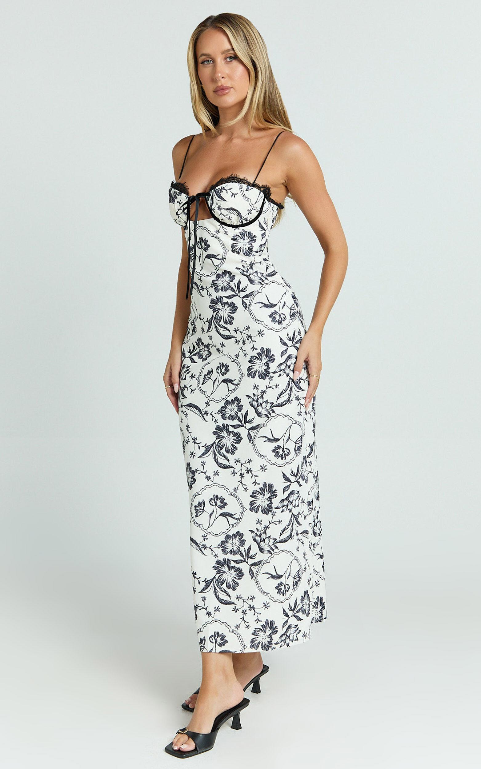 Helen Midi Dress - Strappy Balconette Tie Front Column Dress in Renaissance Floral Print Product Image