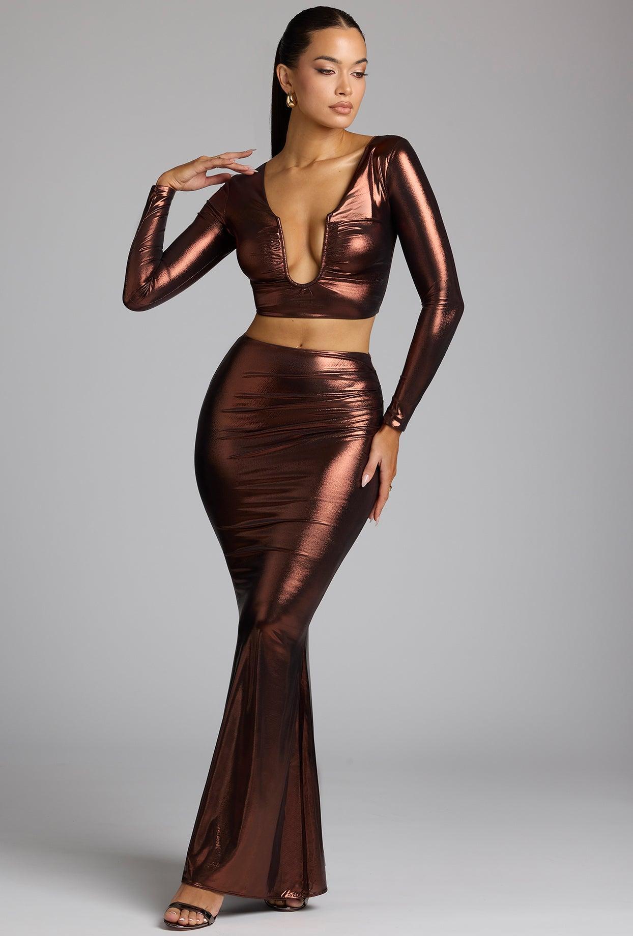 Mid Rise Metallic Jersey Gown Skirt in Copper Bronze Product Image