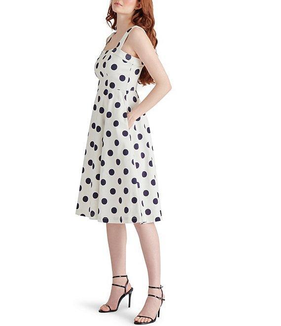 Steve Madden Dolly Woven Dotted Print Square Neck Sleeveless A-Line Midi Dress Product Image
