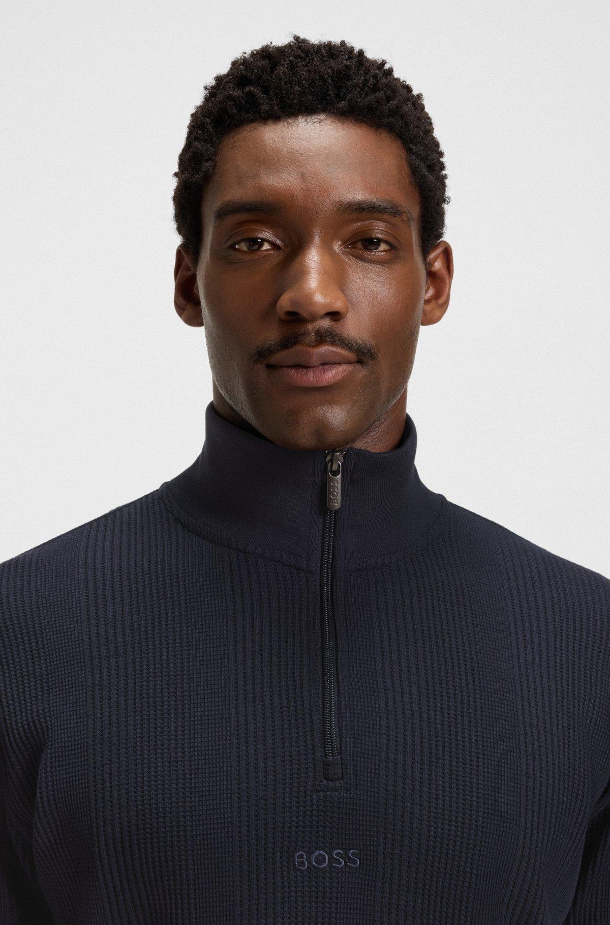 Zip-neck sweater in a waffle-structured cotton  Product Image