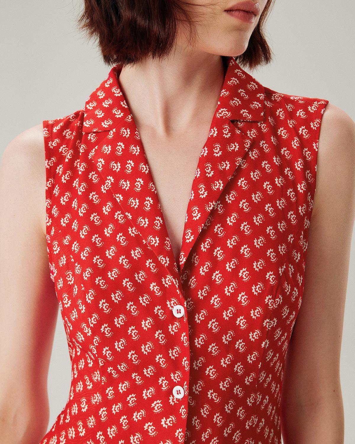 Red Floral Button Sleeveless Maxi Dress Product Image