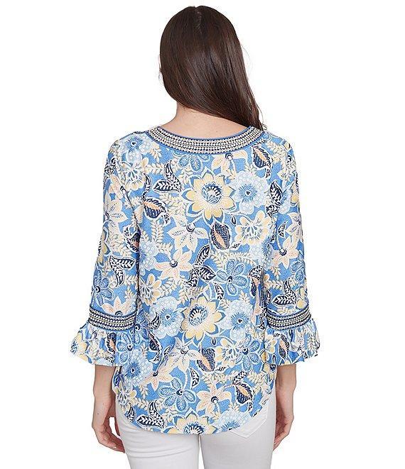 Ruby Rd. Knit Bohemian Floral Print Contrast Horseshoe Neck 3/4 Ruffle Sleeve Top Product Image