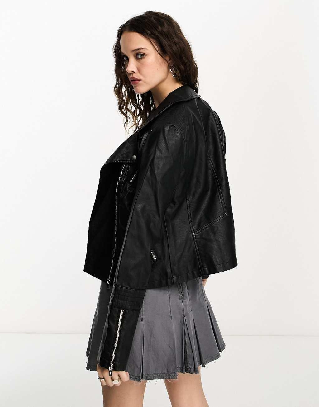 Only faux leather biker jacket in black  Product Image