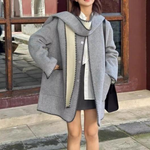 Set: Crew Neck Contrast Trim Button-Up Coat + Shawl Product Image