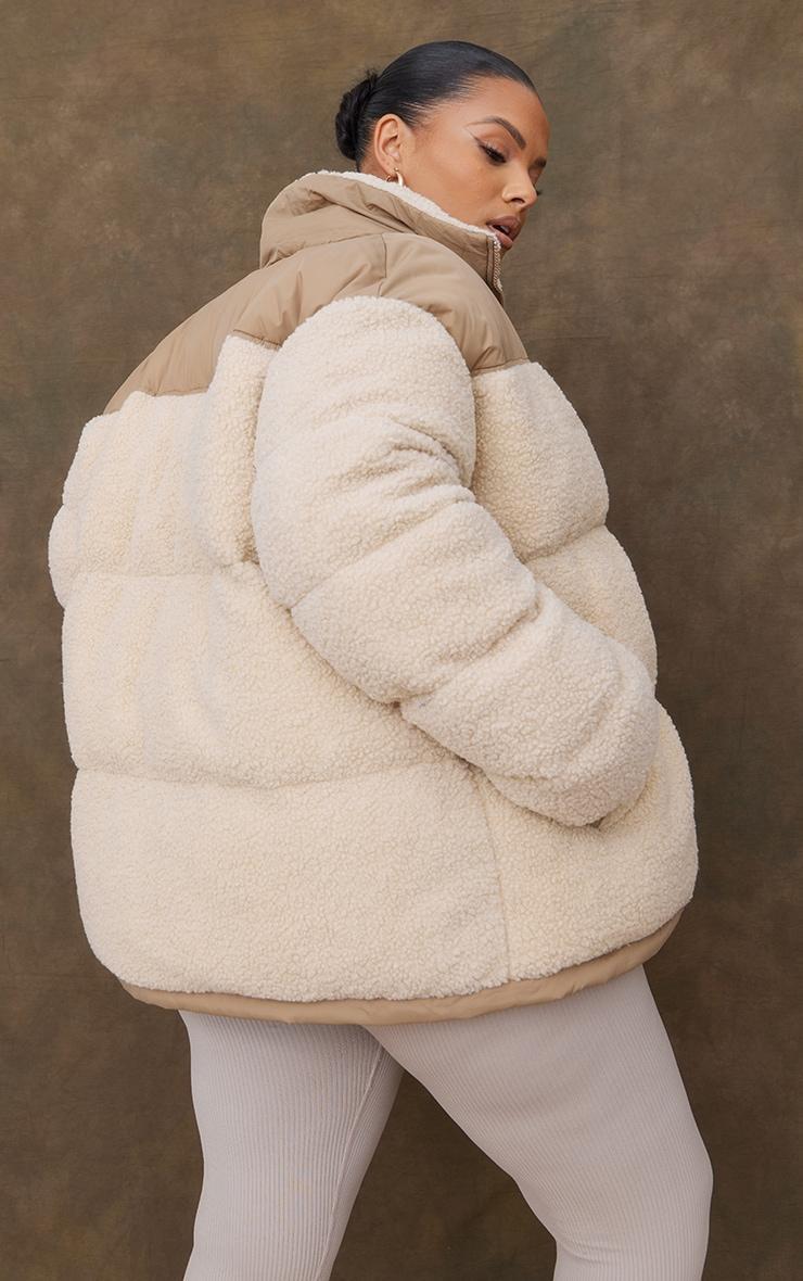 Plus Camel Borg Contrast Panelled Puffer Coat Product Image