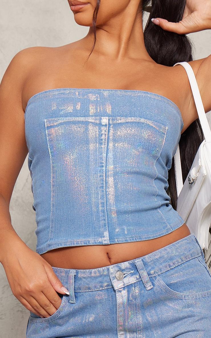 Petite Blue Iridescent Metallic Denim Panel Long Top Product Image