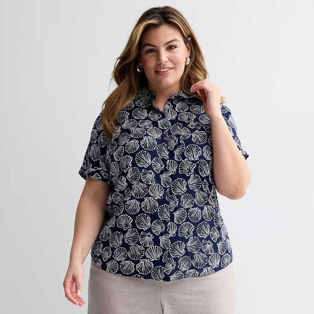 Plus Size Croft & Barrow® Camp Shirt, Women's, Size: 5XL, Blue Artistic Shells Product Image