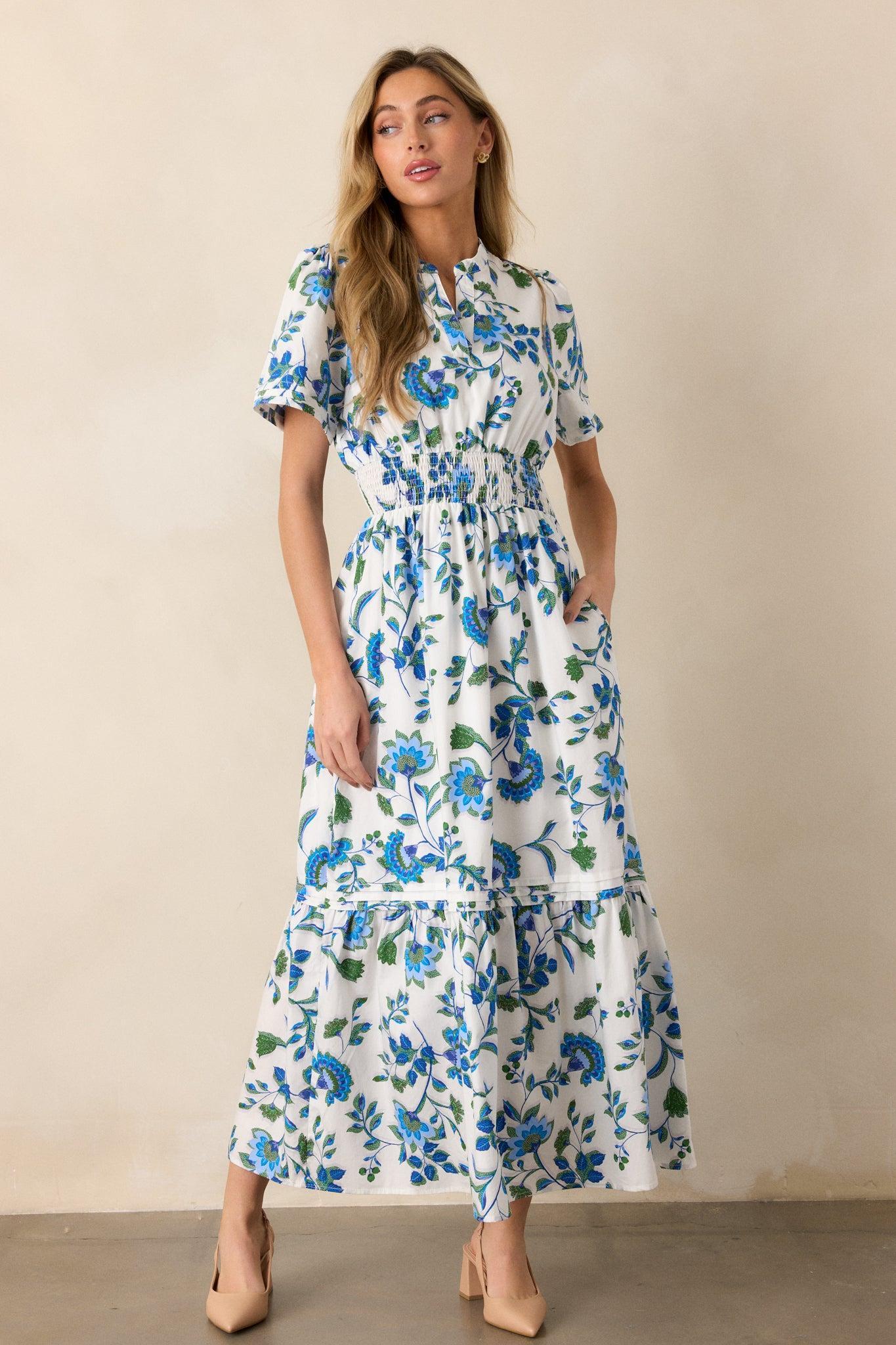 Only Bliss 100% Cotton Blue Floral Maxi Shirt Dress Product Image