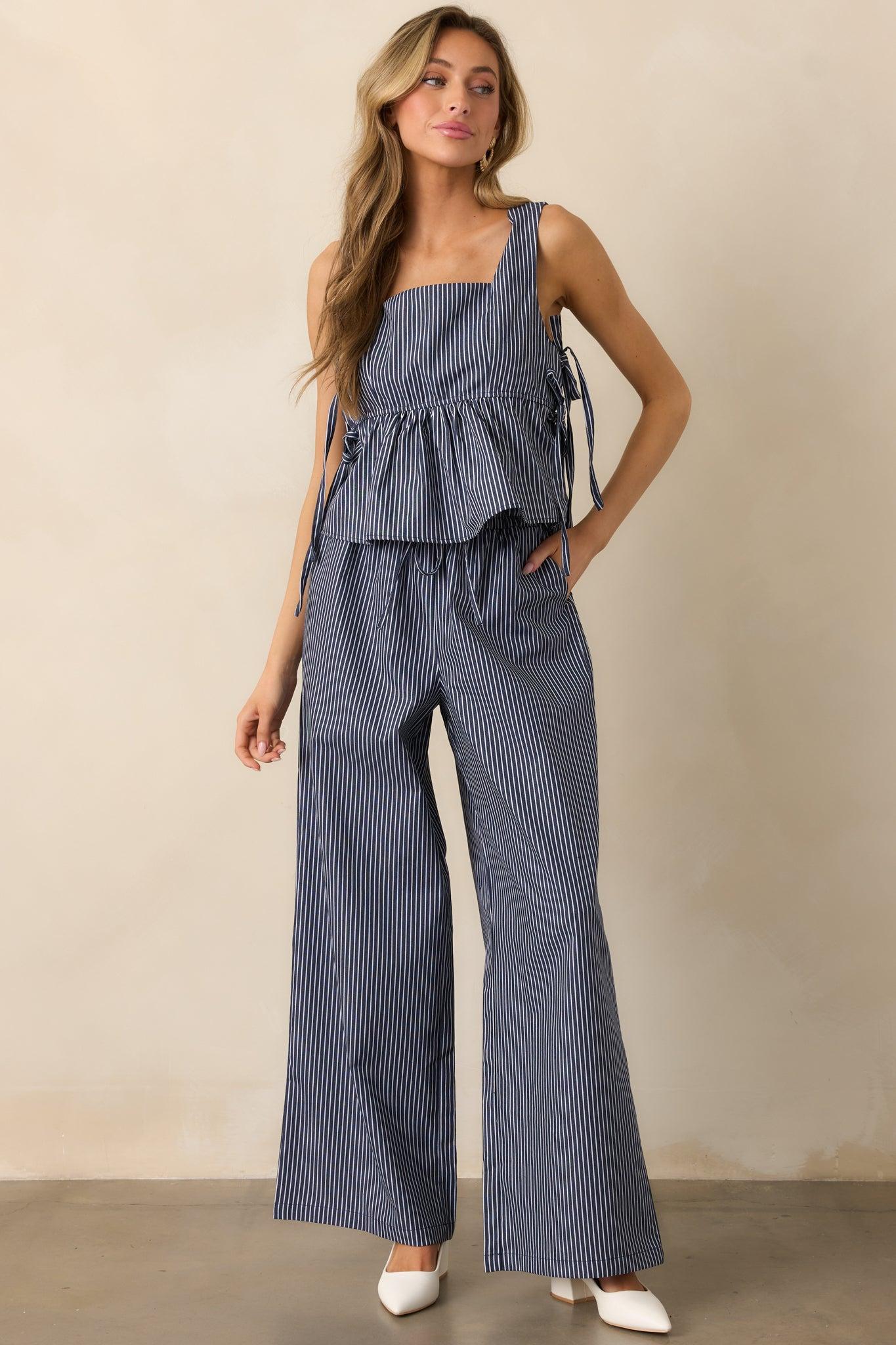 Stay For A While Navy Stripe Drawstring Pants Product Image