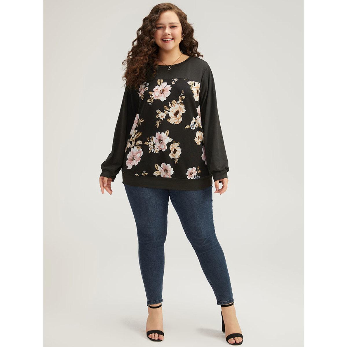 Plus Size Floral Print Patchwork Round Neck Sweatshirt Women Black Elegant Patchwork Round Neck Dailywear Sweatshirts BloomChic 10/M Product Image