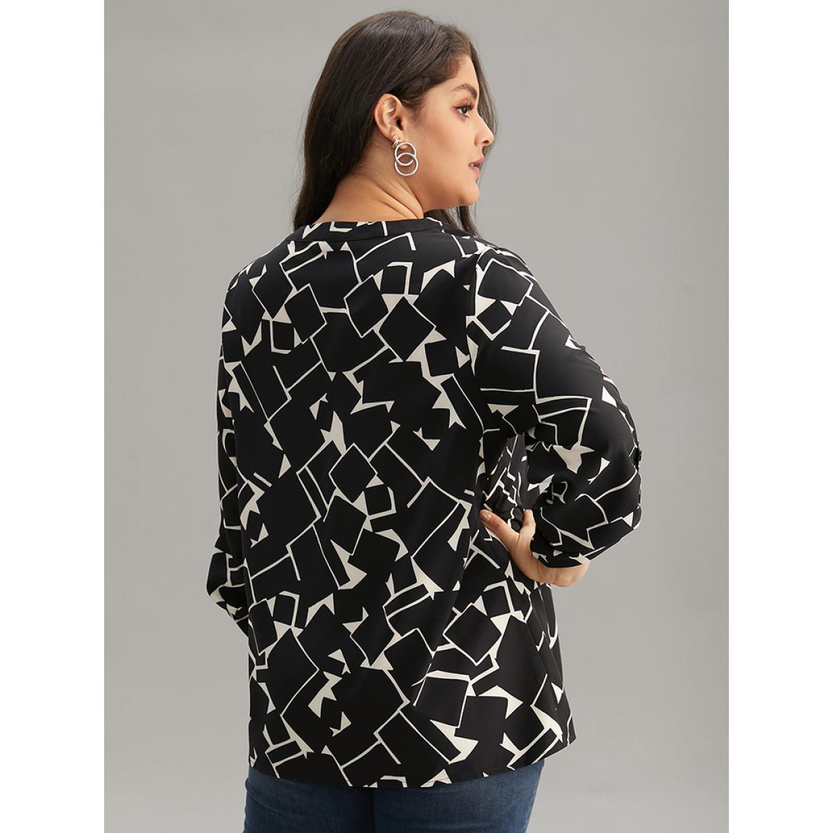 Plus Size Black Geometric Notched Tab Sleeve Blouse Women Office Elbow-length sleeve Notched collar Work Blouses BloomChic 22-24/3X Product Image