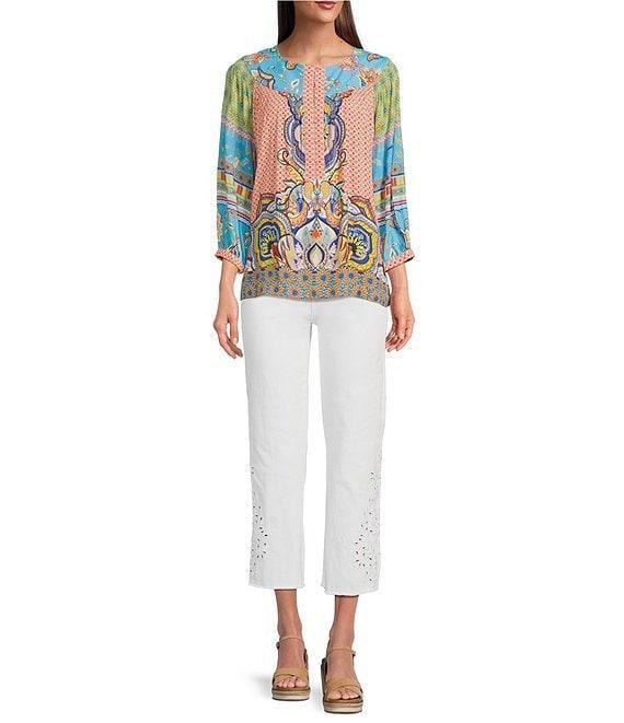 John Mark Petite Size Shirring Woven Printed Scoop Neck 3/4 Sleeve Top Product Image