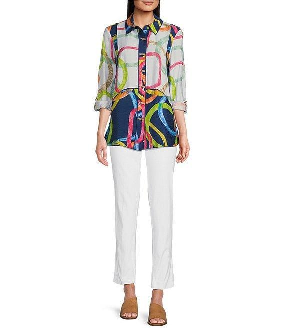 Ali Miles Printed Point Collar 3/4 Roll Tab Sleeve Button Front Tunic Product Image