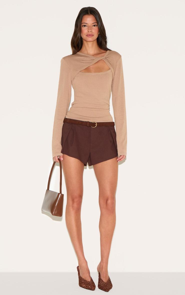 Mushroom Fine Knit Twist Neck Long Sleeve Top Product Image