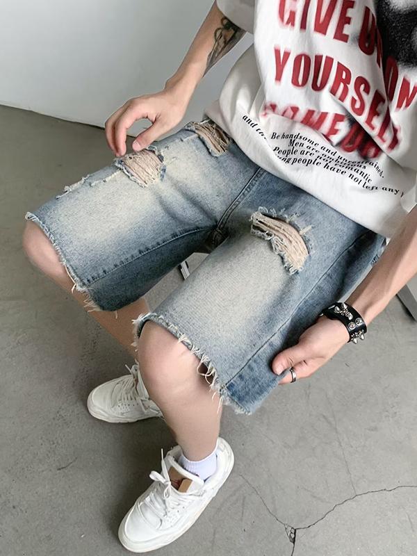 Men's Vintage Washed Ripped Denim Shorts Product Image