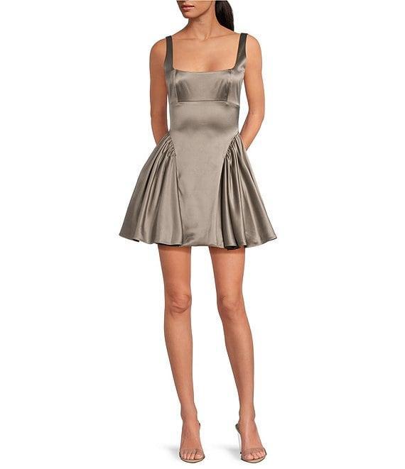 Gianni Bini Addison Satin Square Neck A-Line Drop Waist Mini Dress Product Image