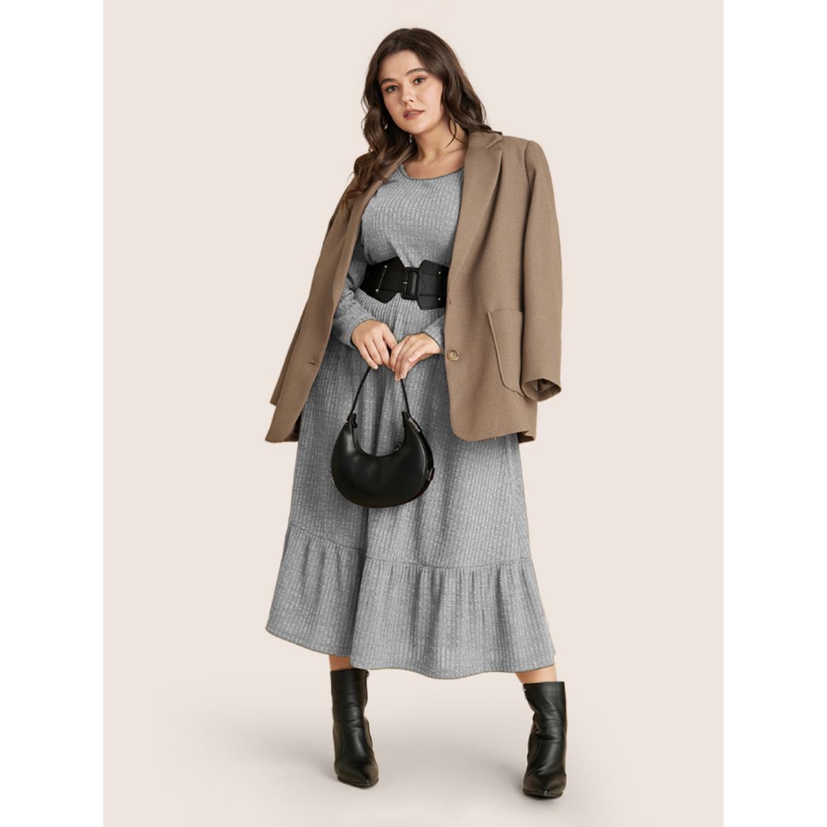 Plus Size Solid Pocket Rib Knit Ruffle Hem Dress Without Belt DarkGray Women Basics Non Round Neck Long Sleeve Curvy Midi Dress BloomChic 22-24/3X Product Image