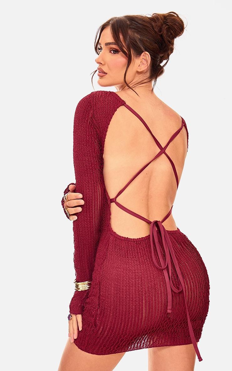 Burgundy TextuBurgundy Backless Tie Bodycon Dress Product Image