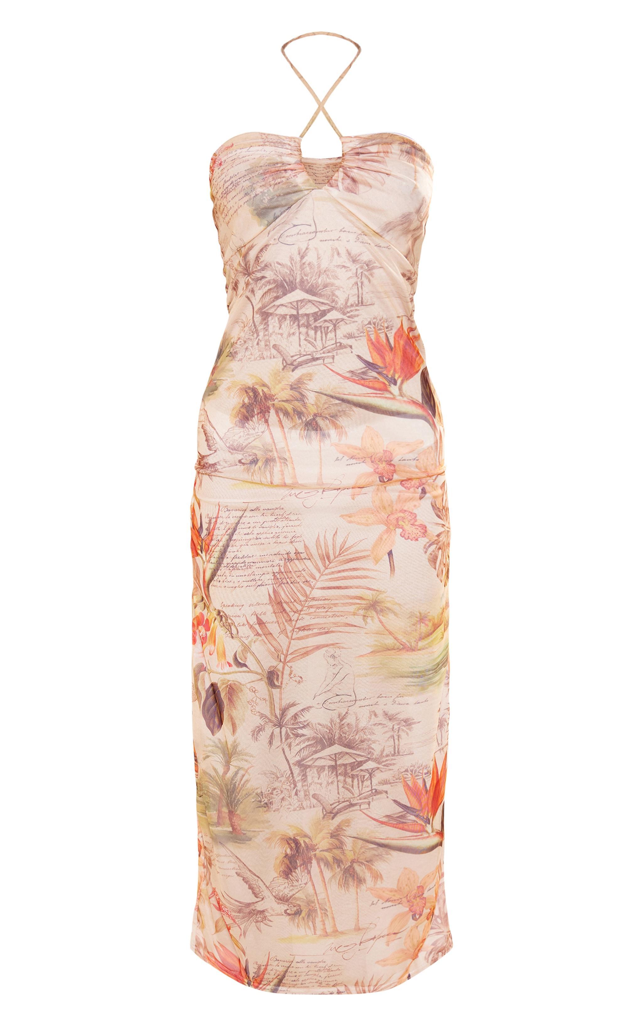 Nude Tropical Print Mesh Halterneck Maxi Dress Product Image