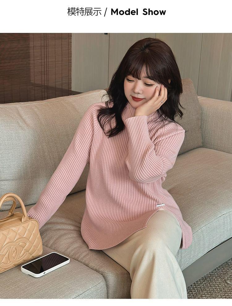 Mock Neck Plain Slit Ribbed Sweater Product Image