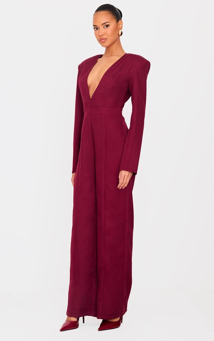 Burgundy Woven Plunge Long Sleeve Straight Leg Jumpsuit Product Image