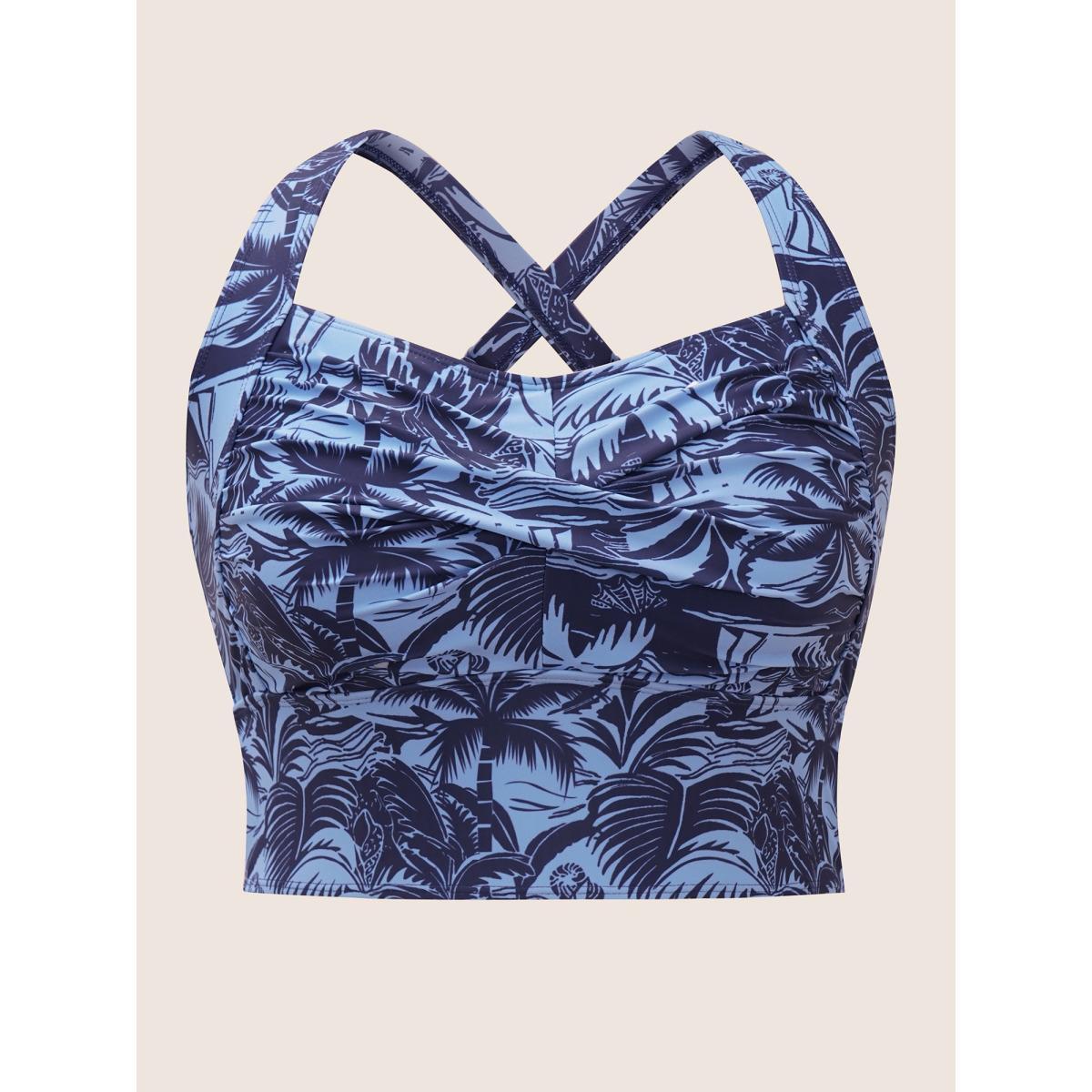 Plus Size Heart Neckline Tropical Print Crossover Swim Top Women's Swimwear Indigo Beach Twist High stretch Bodycon Heart neckline Curve Swim Tops BloomChic 30/6X Product Image